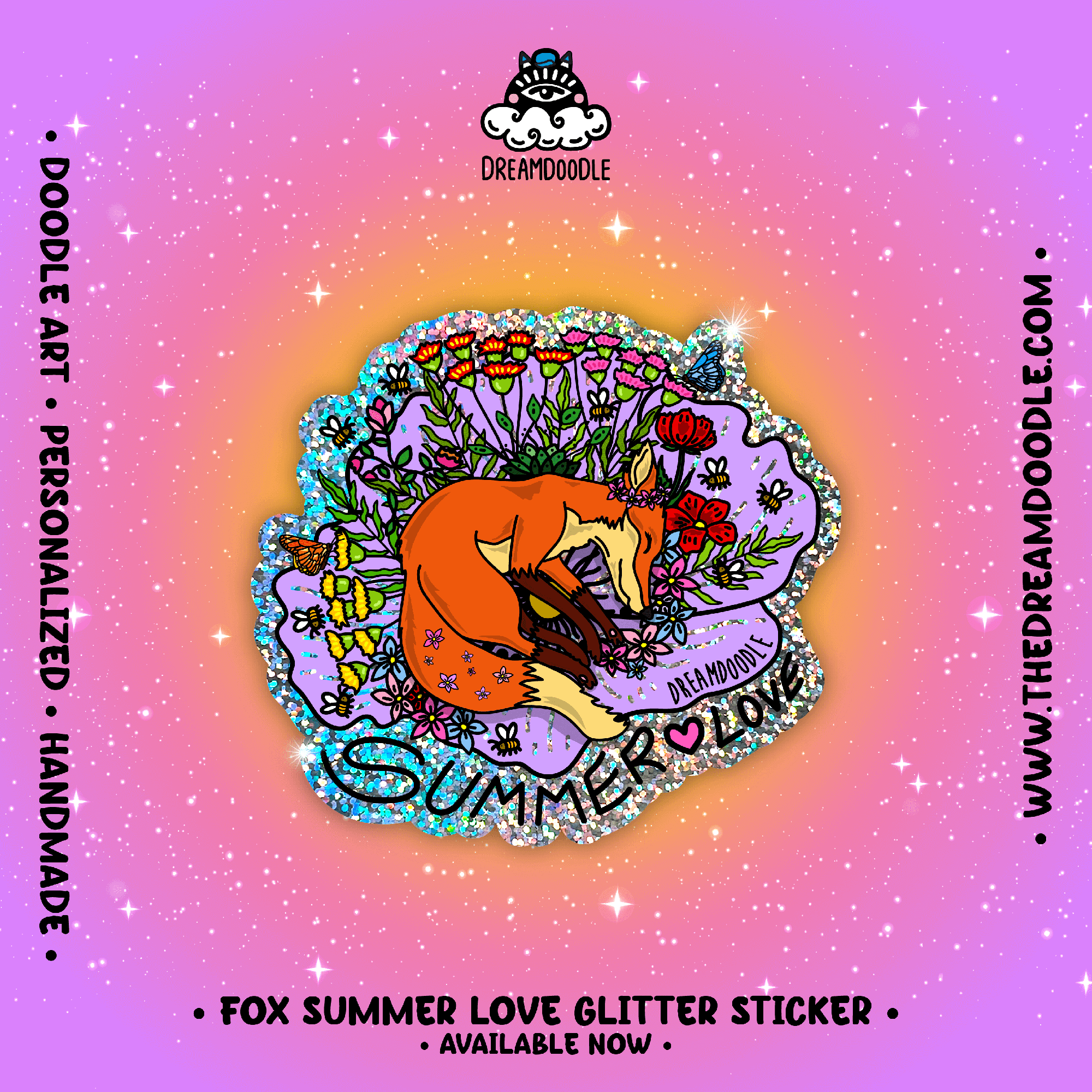 Fox Summer Love Glitter Sticker