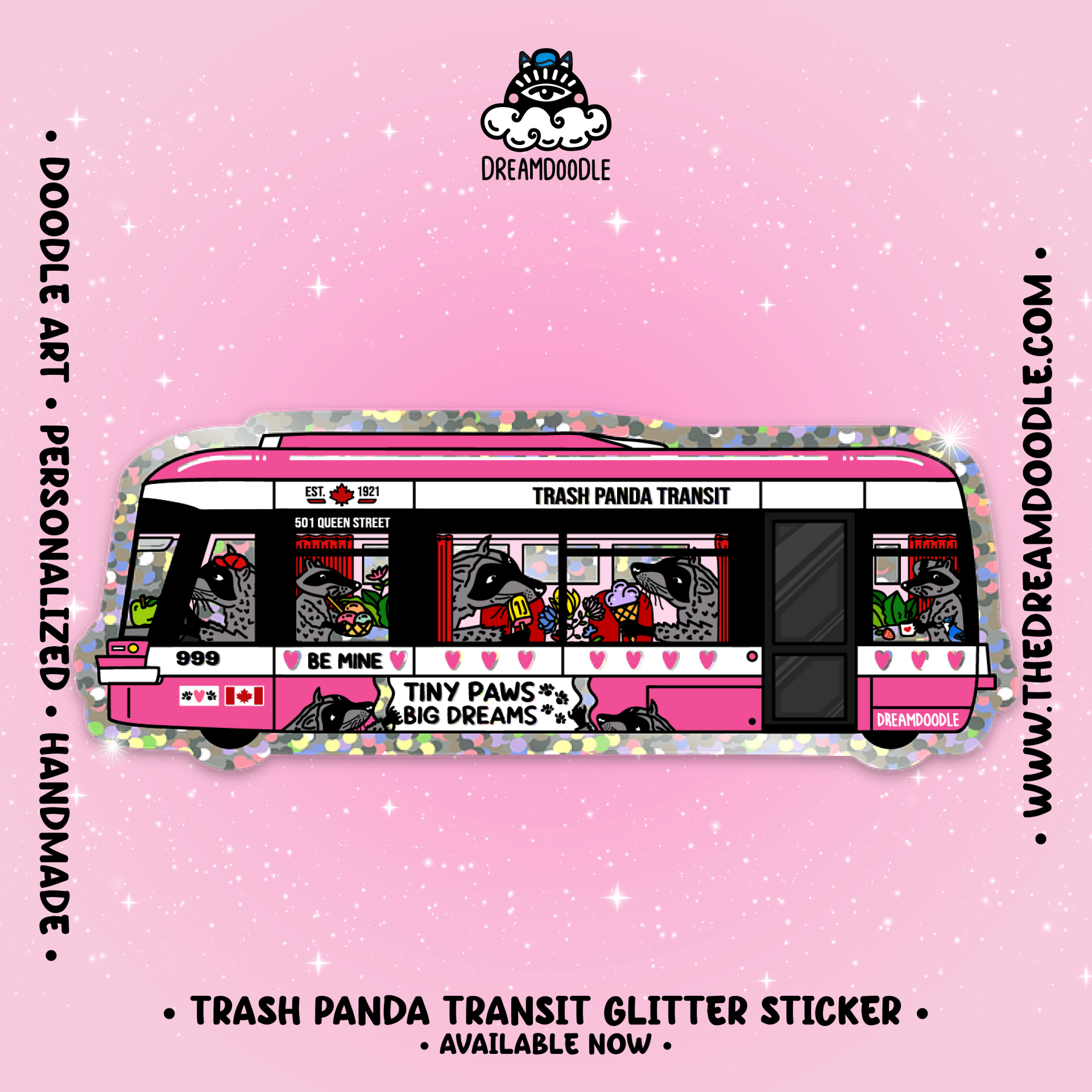 Pink Trash Panda Transit Glitter Sticker